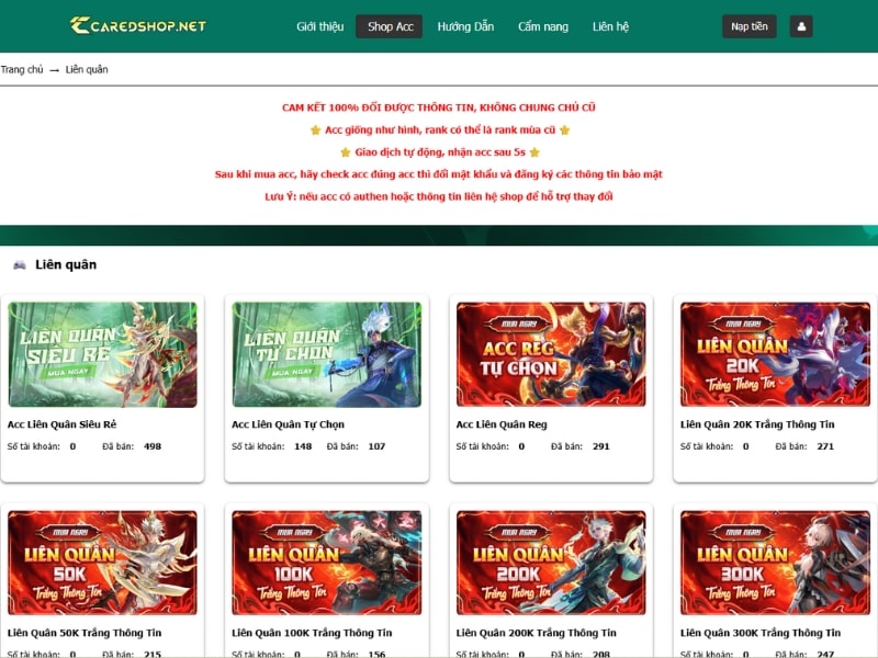 Kho acc Liên Quân chất lượng, giá tốt của Caredshop